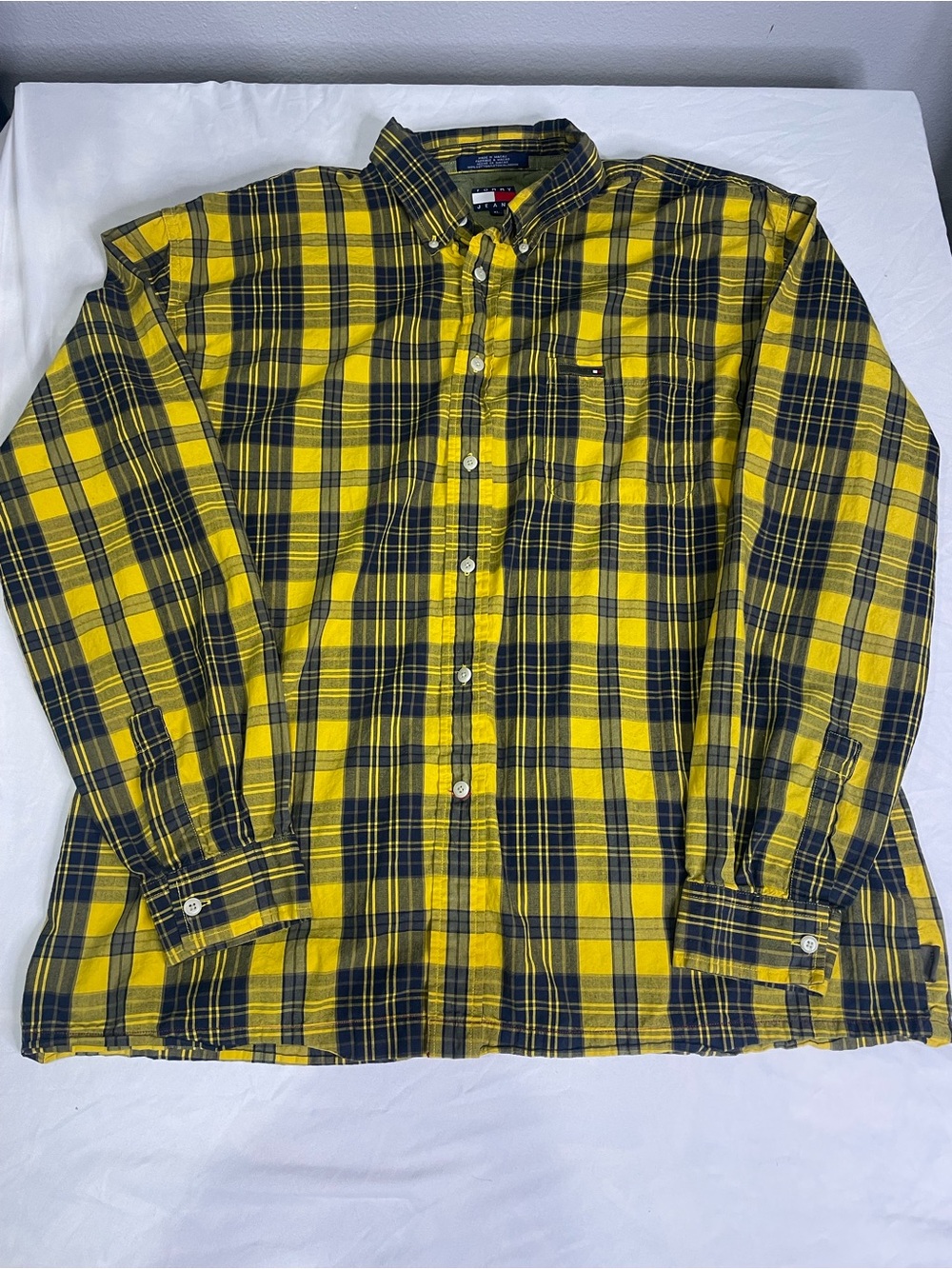 Tommy Jeans Men’s XL Yellow Navy Plaid Button Down Shirt Retro SKU035
